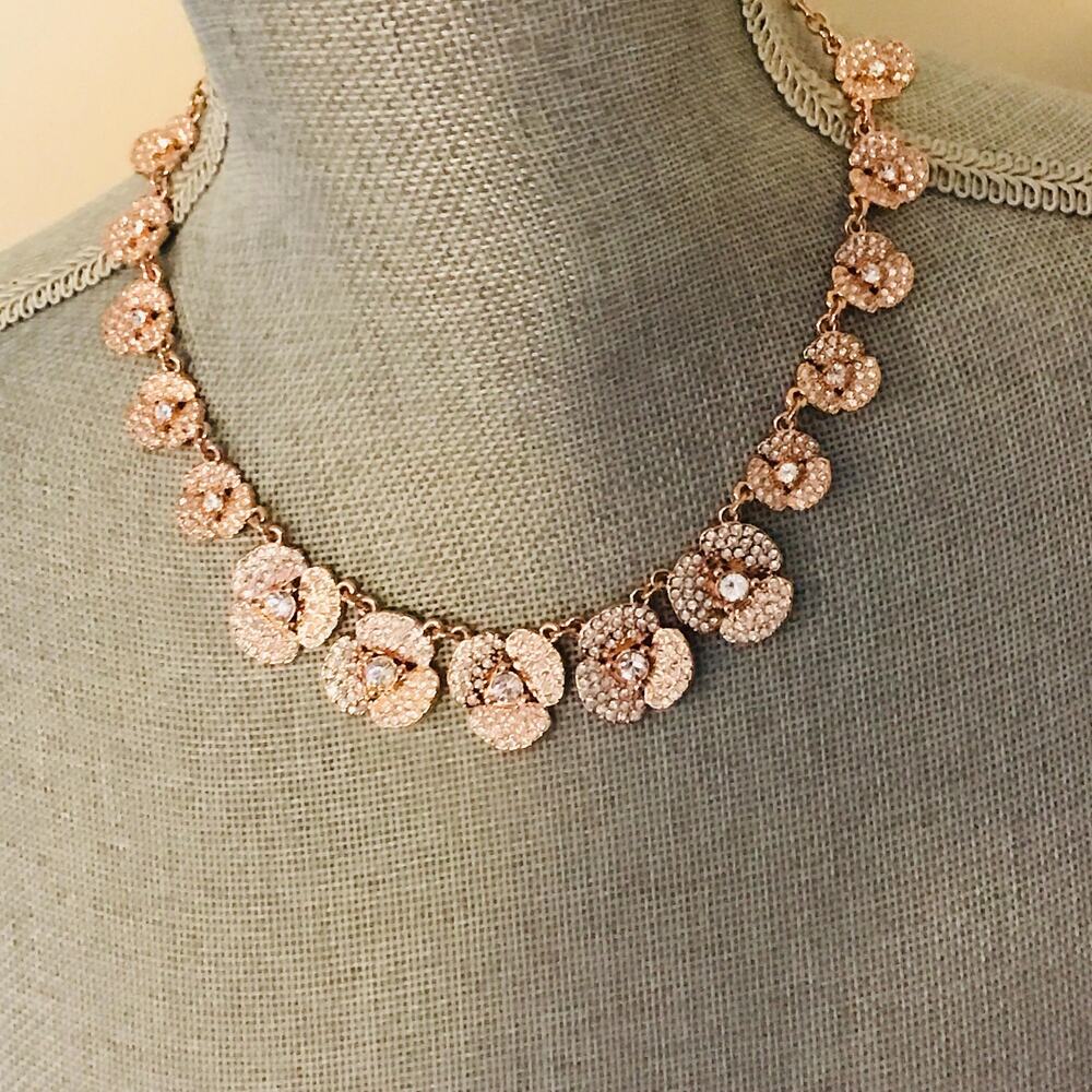Kate Spade Flower Necklace -Pansy - Rose Gold Tone - Rhinestone- Elegant Sparkle